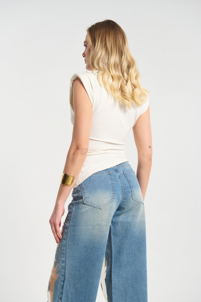 Sleeveless Top Featuring Shoulder Pads and Gold Teardrop Detail