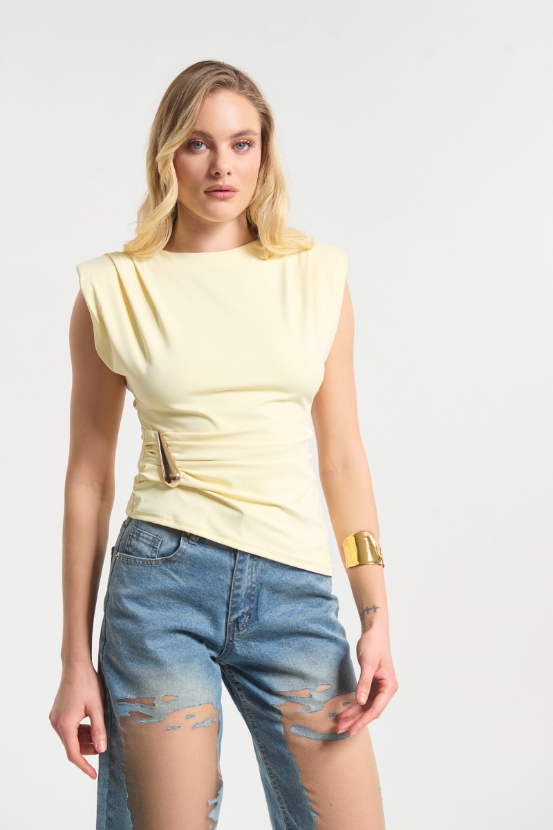 Sleeveless Top Featuring Shoulder Pads and Gold Teardrop Detail