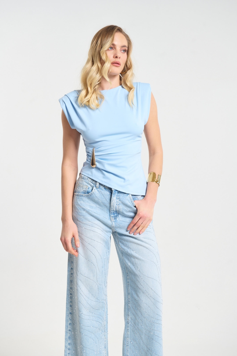 Sleeveless Top Featuring Shoulder Pads and Gold Teardrop Detail