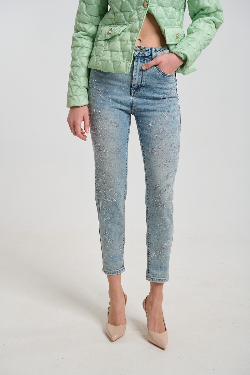 Animal Print Straight-Leg Jeans with Rhinestones