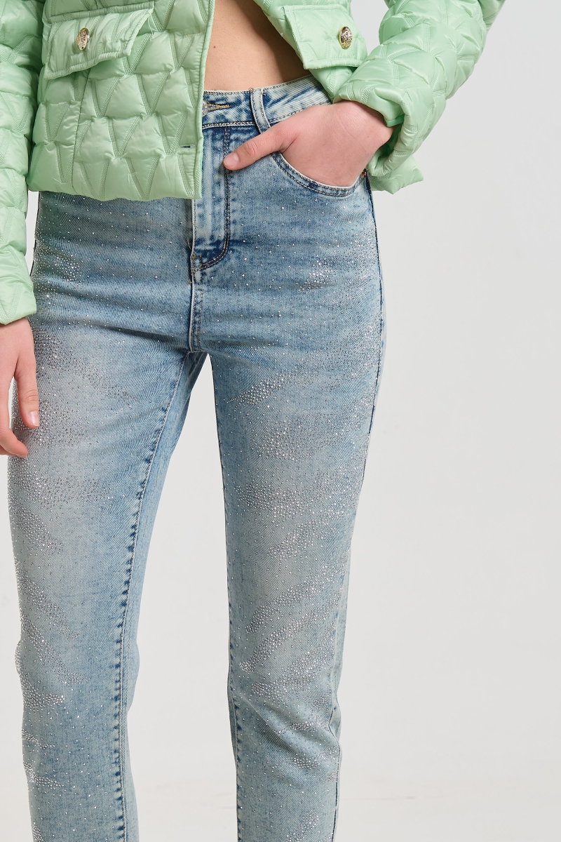 Animal Print Straight-Leg Jeans with Rhinestones