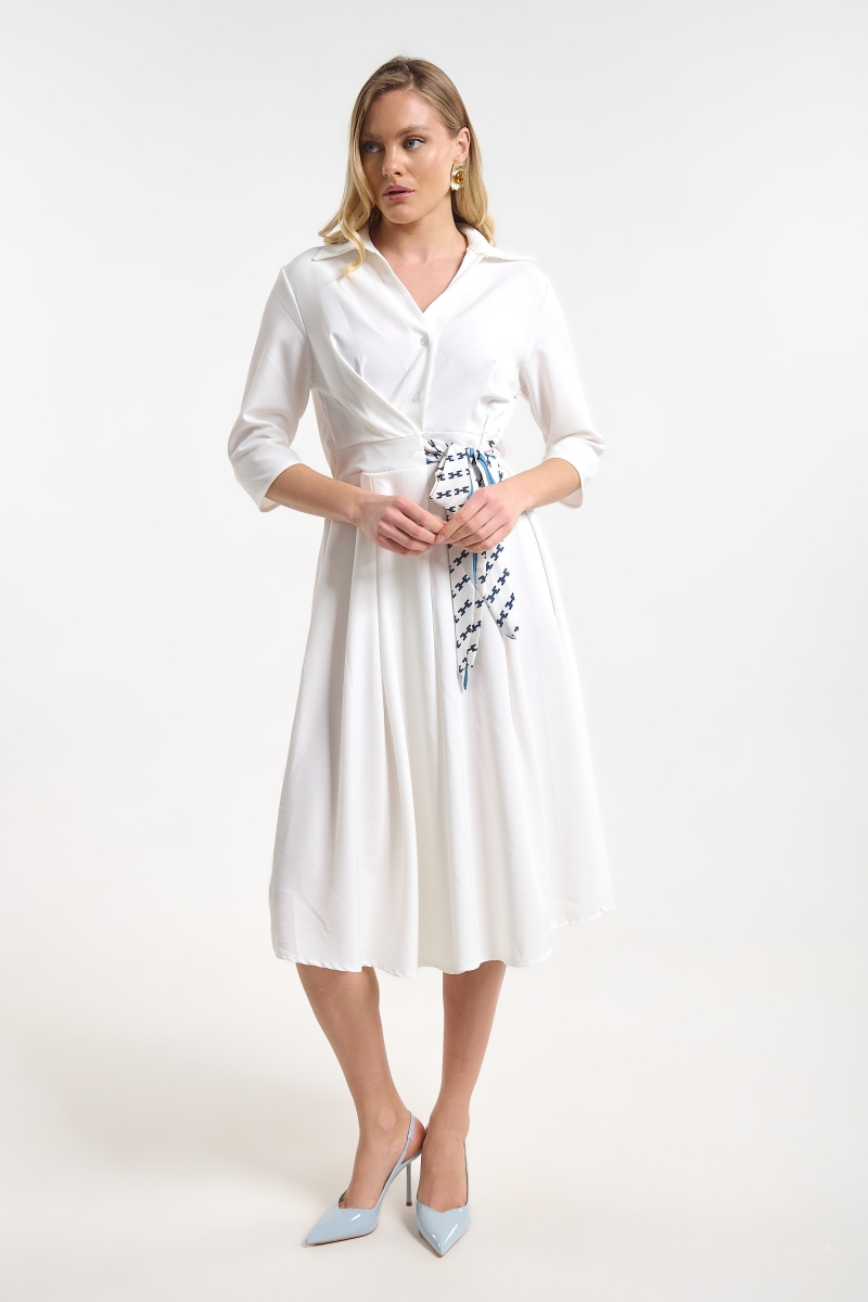 Dress with 3/4 Sleeves & Side Tie Floral Scarf for Women