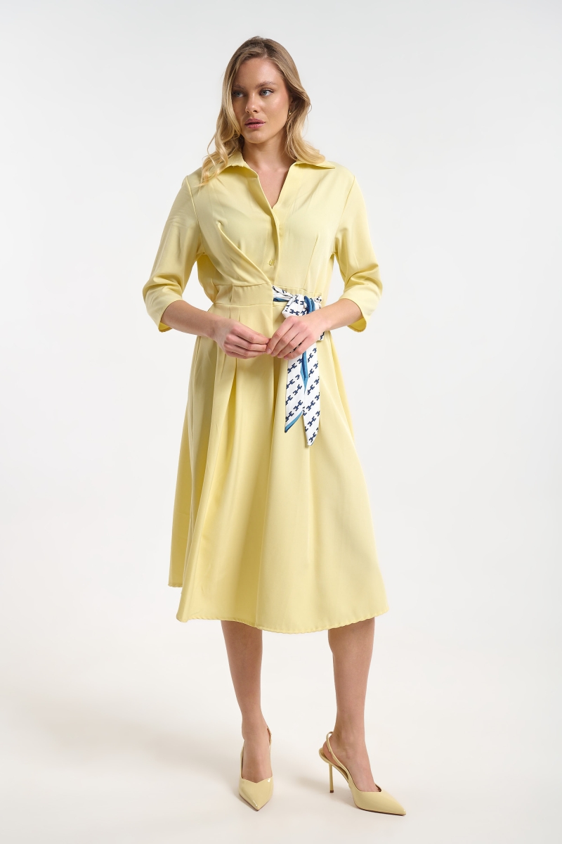 Dress with 3/4 Sleeves & Side Tie Floral Scarf for Women