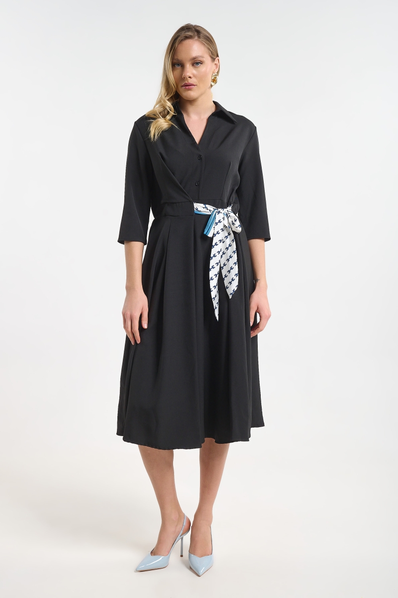 Dress with 3/4 Sleeves & Side Tie Floral Scarf for Women