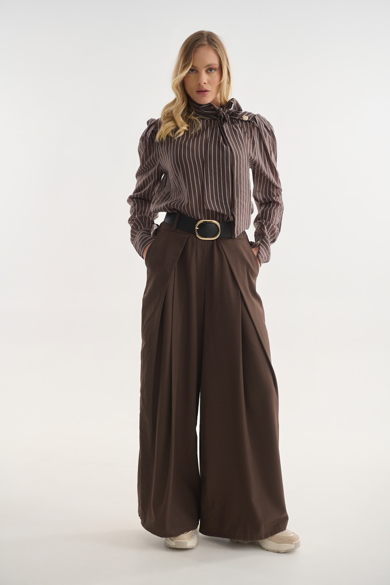 High Waist Pleated Trousers with Belt