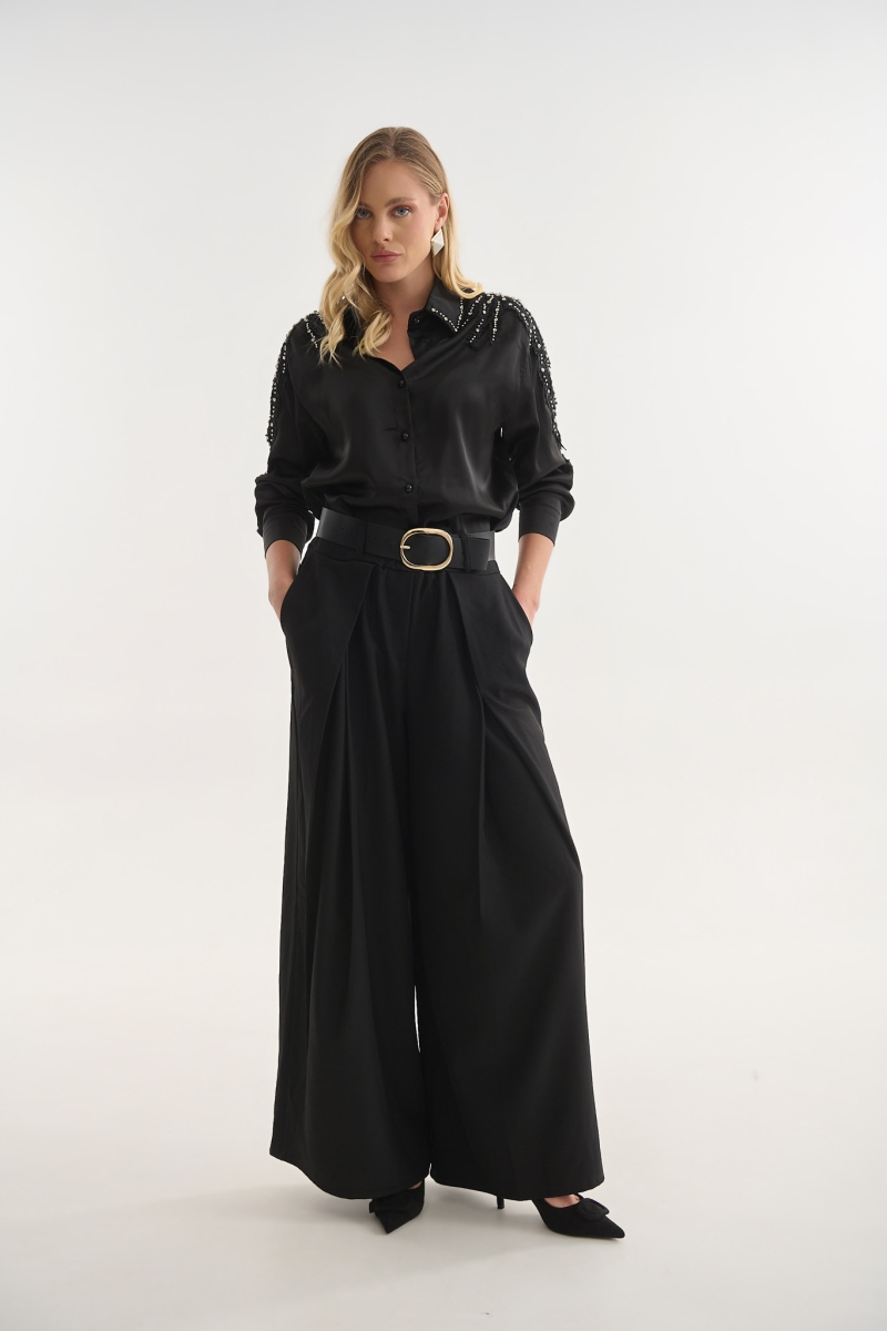 High Waist Pleated Trousers with Belt