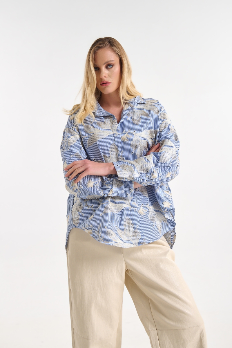 Πουκάμισο Ριγέ Με Κεντήματα