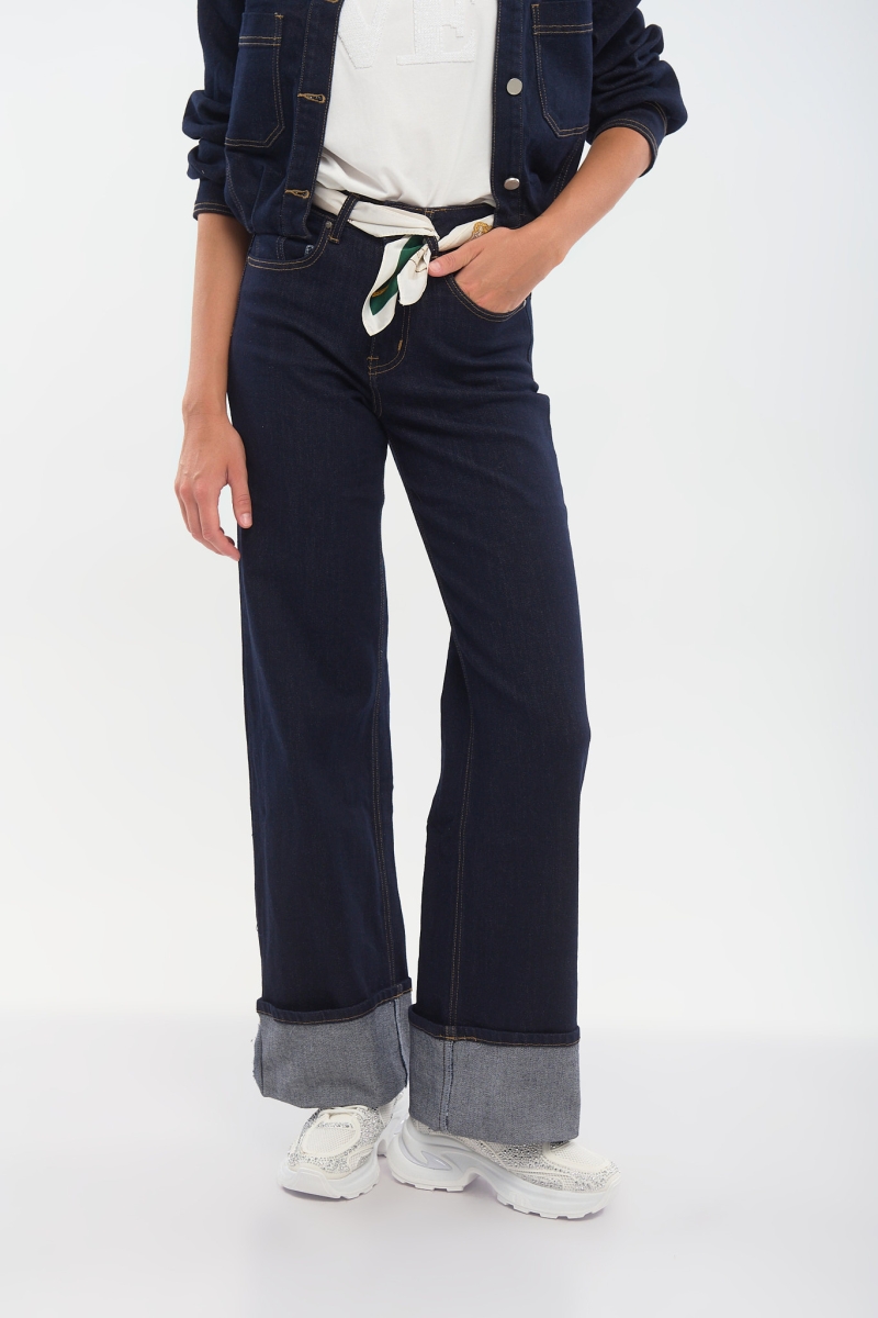 Wide Leg Denim Pants with Decorative Cuff – Standout Style