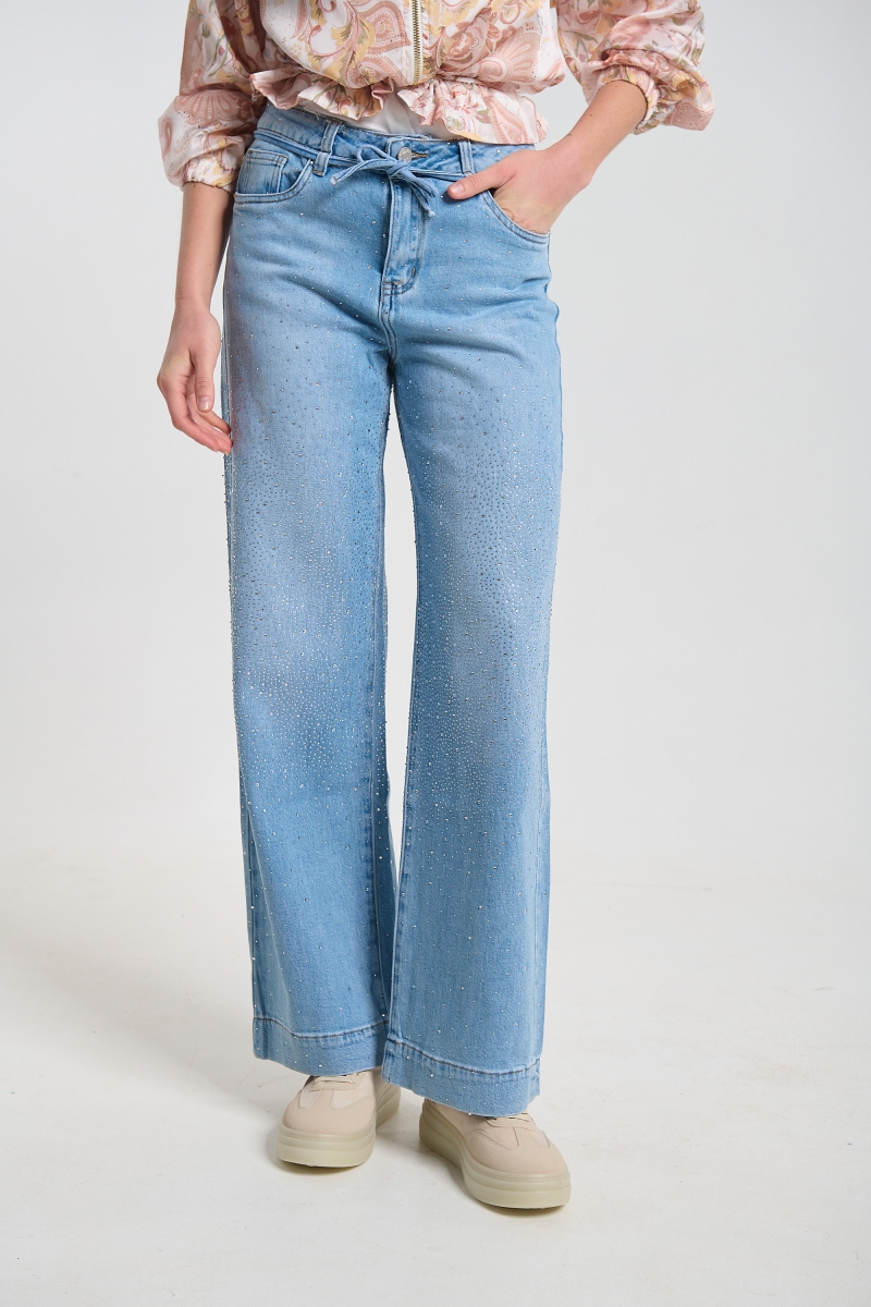 Flared Denim Jeans with Rhinestones and Drawstring Belt