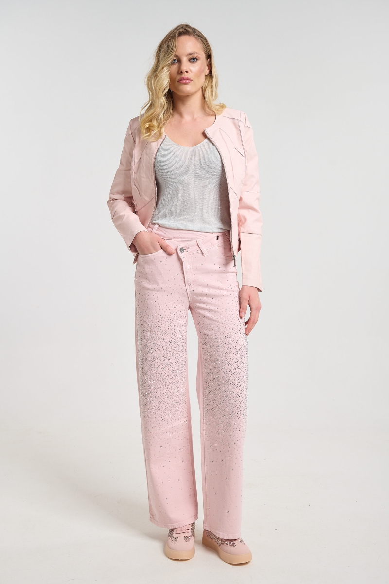 Flared Denim Jeans with Rhinestones and Slanted Button Closure