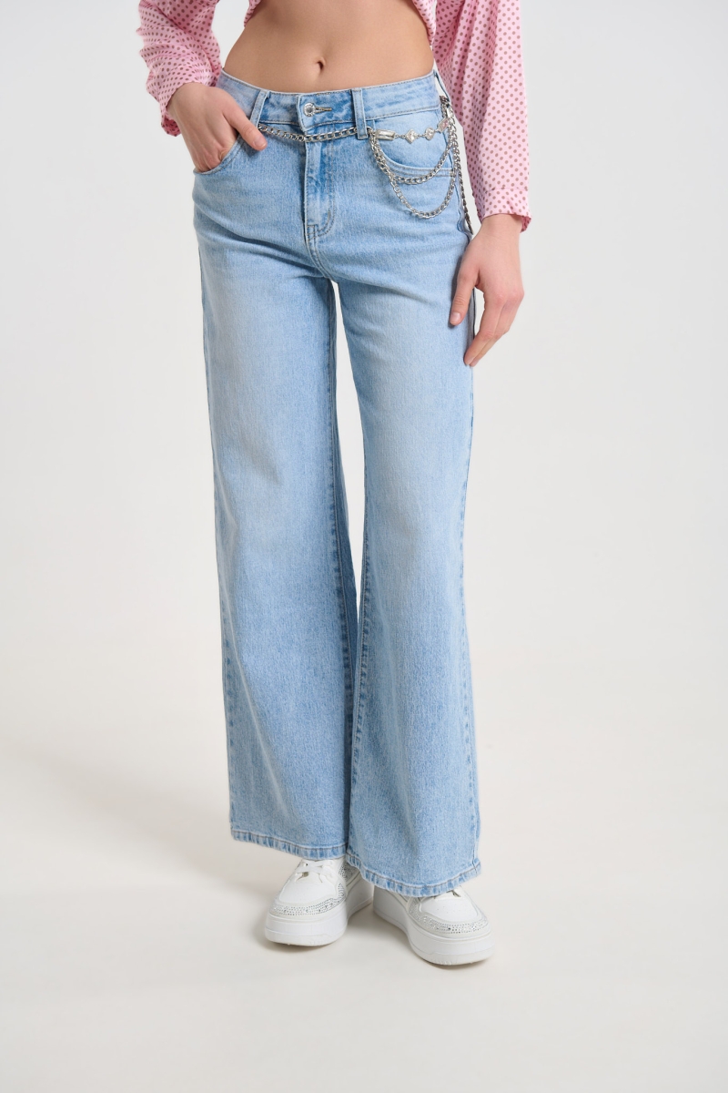 Light Blue Denim Jeans with Crystal Chain Belt