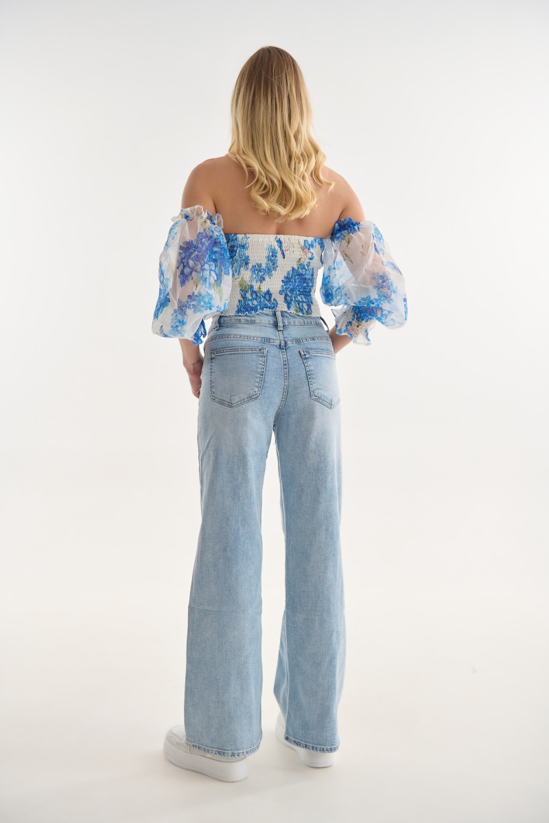 Wide Leg Jeans with Rhinestoned Buttons