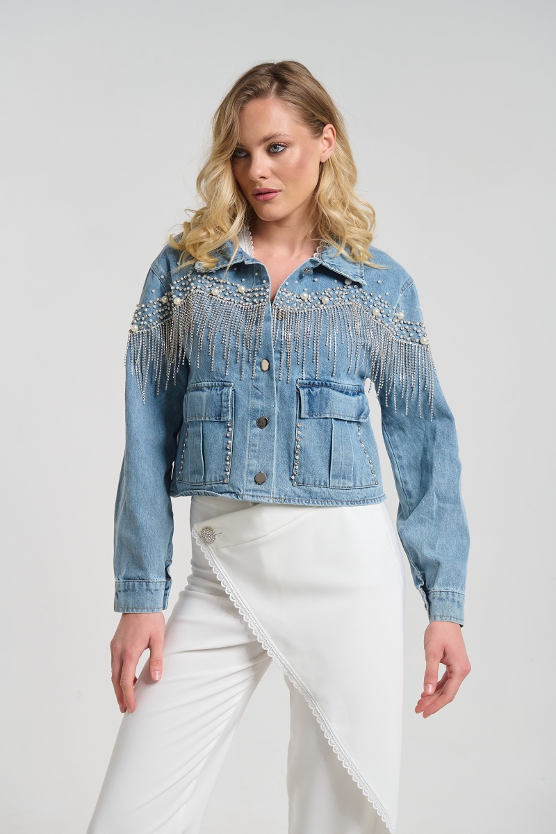 Μπουφάν Τζιν Με Πέρλες & Στρας