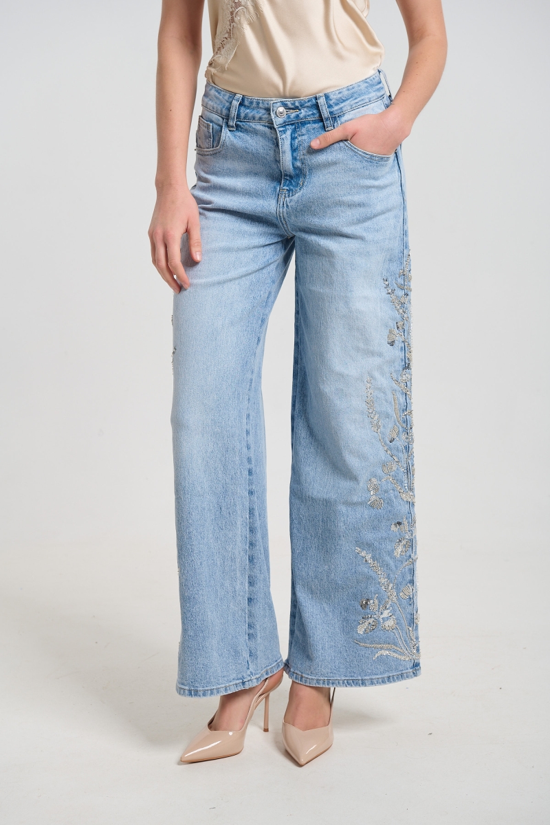 Flared Denim Jeans with Beaded Side Design