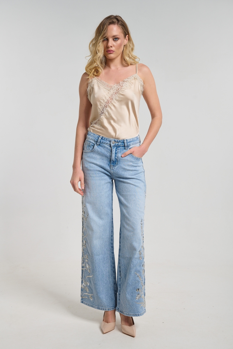 Flared Denim Jeans with Beaded Side Design