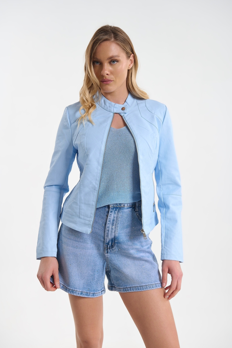 Women’s Sky Blue Cropped Jacket with Zipper