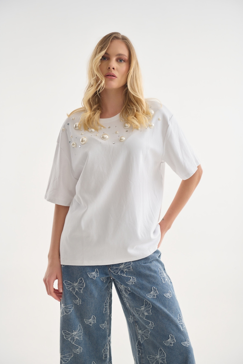 T-shirt με Διακοσμητικές Πέρλες