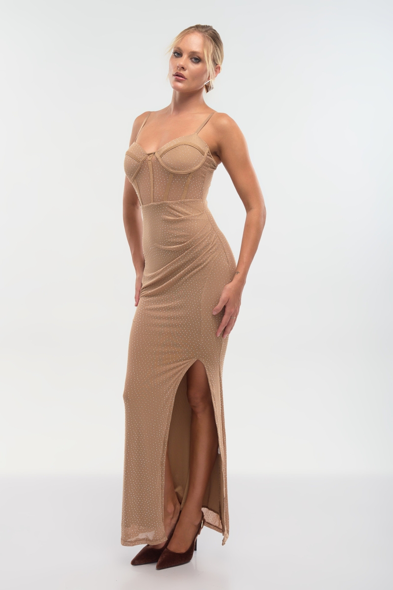 Maxi Φόρεμα με Στρας, Σκίσιμο & Κορσέ Μπούστο