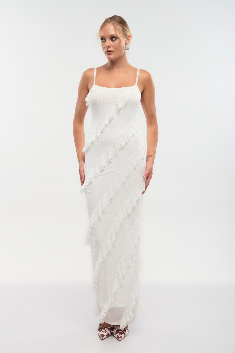 Maxi Φόρεμα με Στρας & Λοξά Βολάν