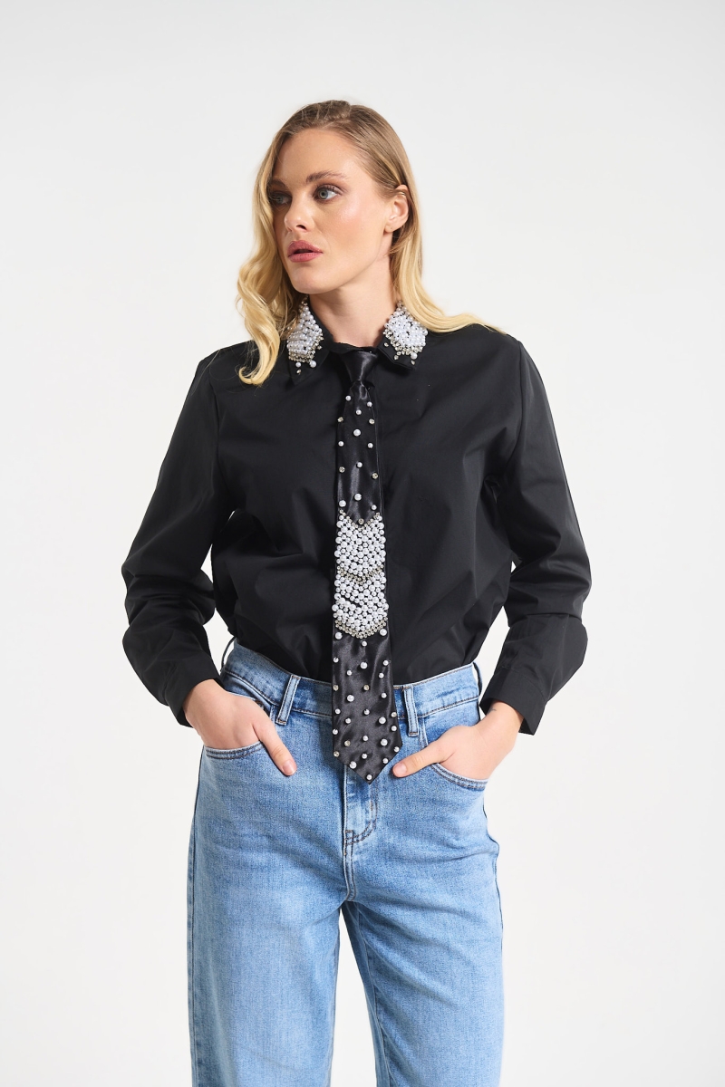 Shirt with Decorative Pearl Tie