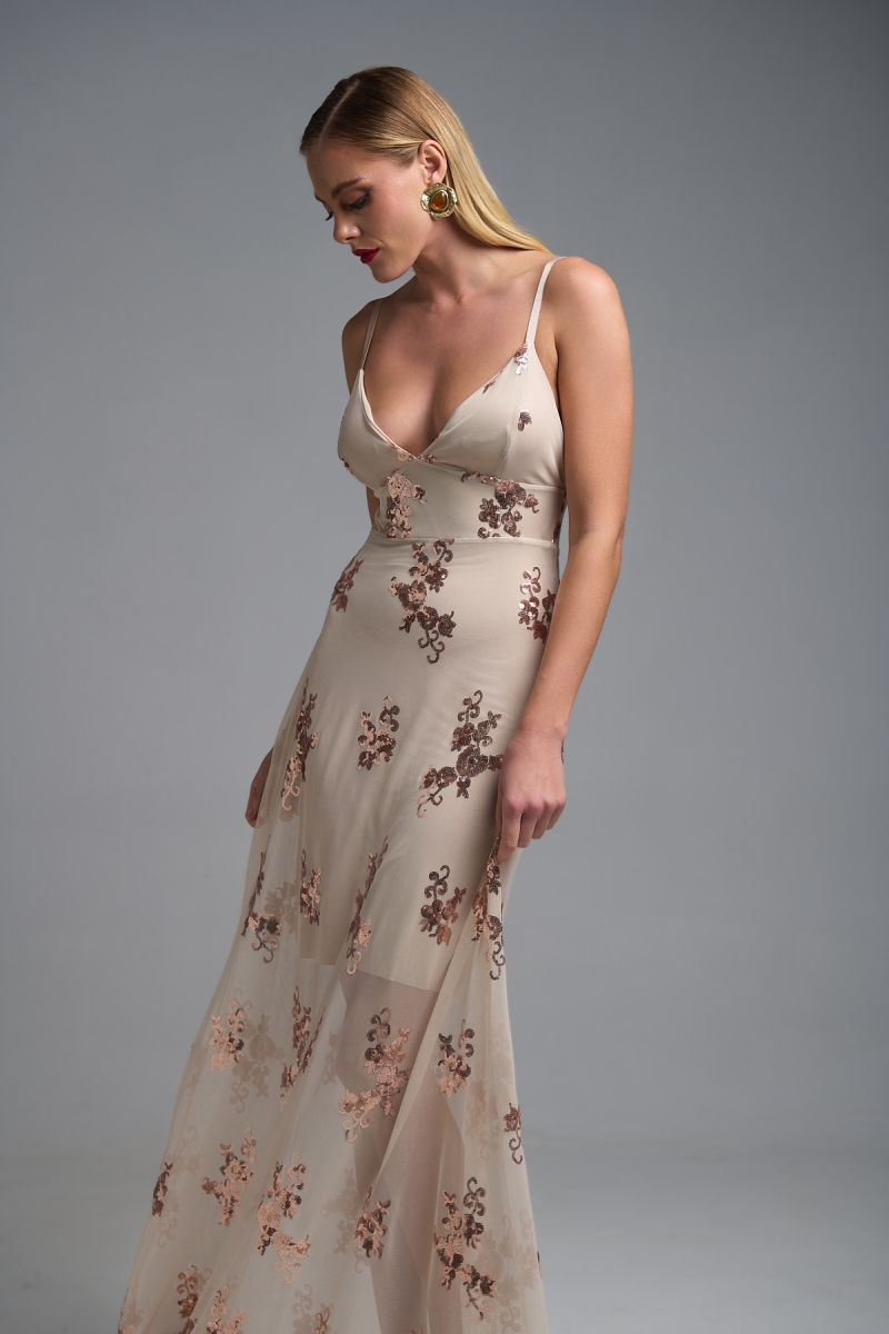 Maxi Φόρεμα Τούλι με Κεντημένα Λουλούδια