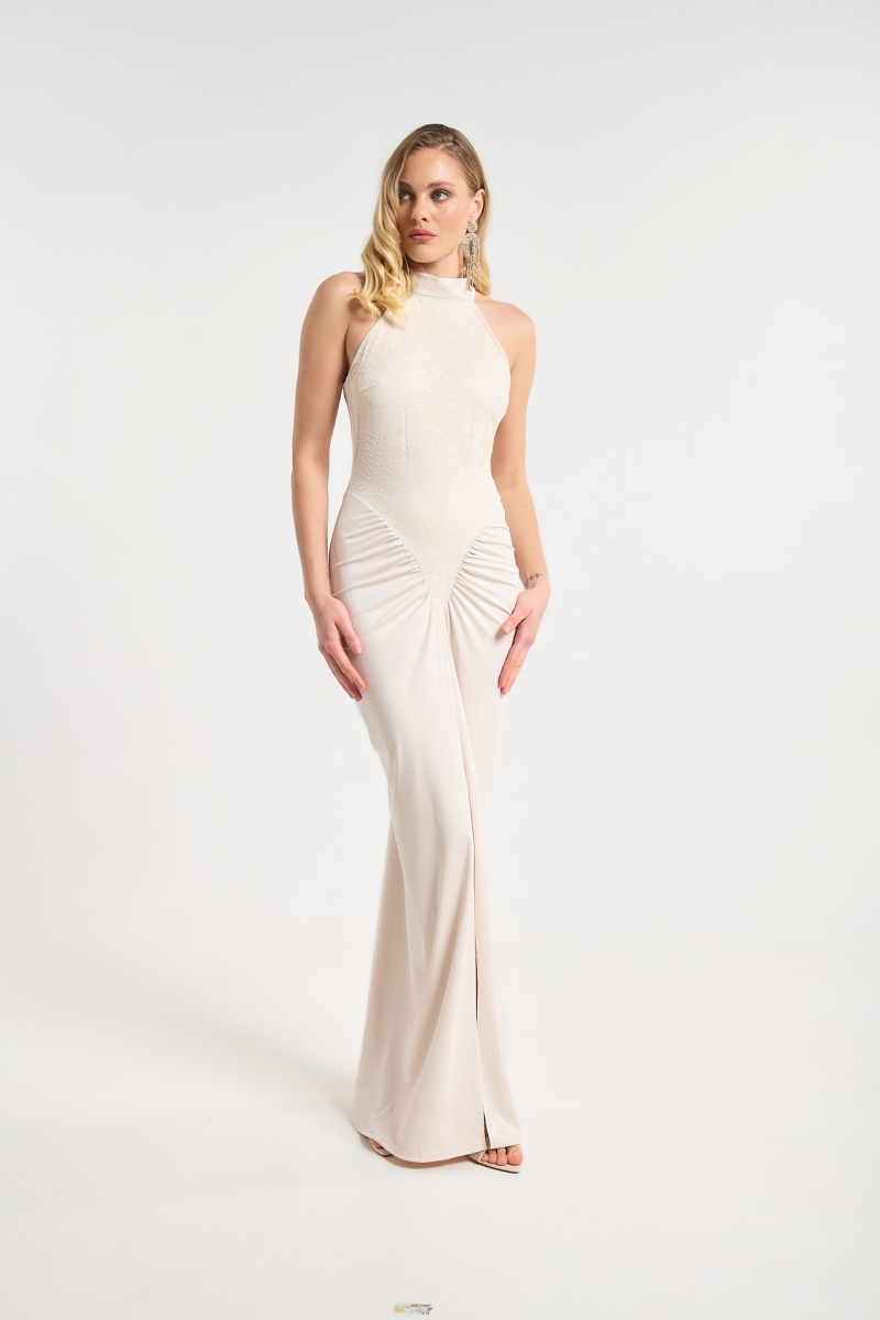 Lace Halter Neck Maxi Dress with Side Slit