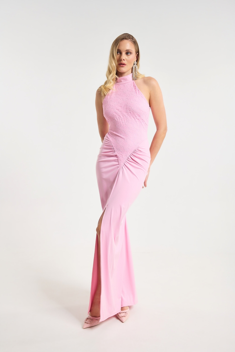 Lace Halter Neck Maxi Dress with Side Slit