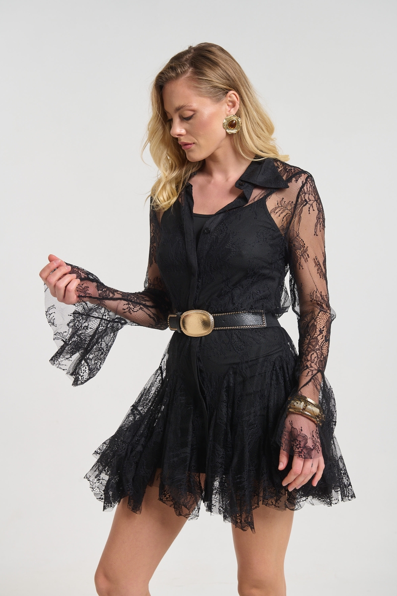 Lace Mini Dress with Collar and Ruffles