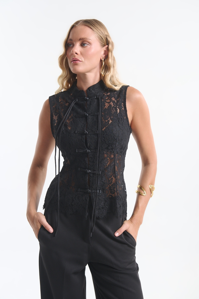 Sleeveless Lace Top with Mandarin Collar & Chinese Knot Closures