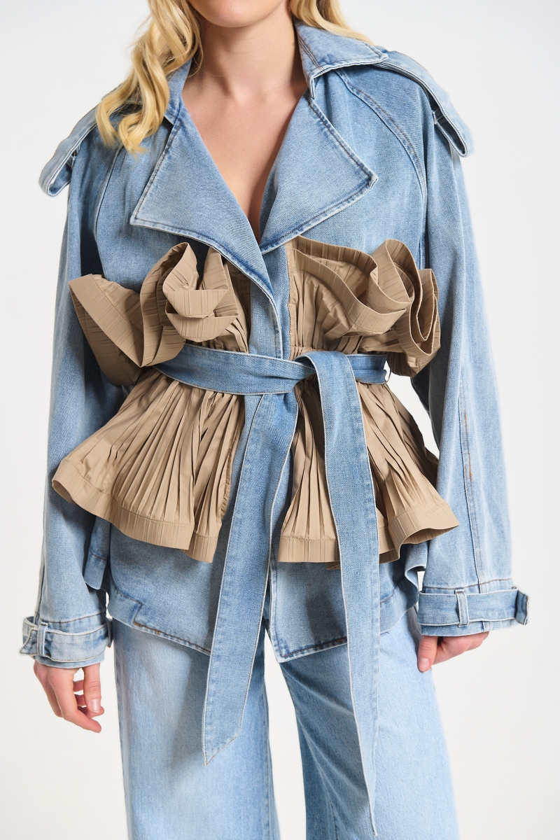 Denim Jacket with Pleated Ruffle Detail