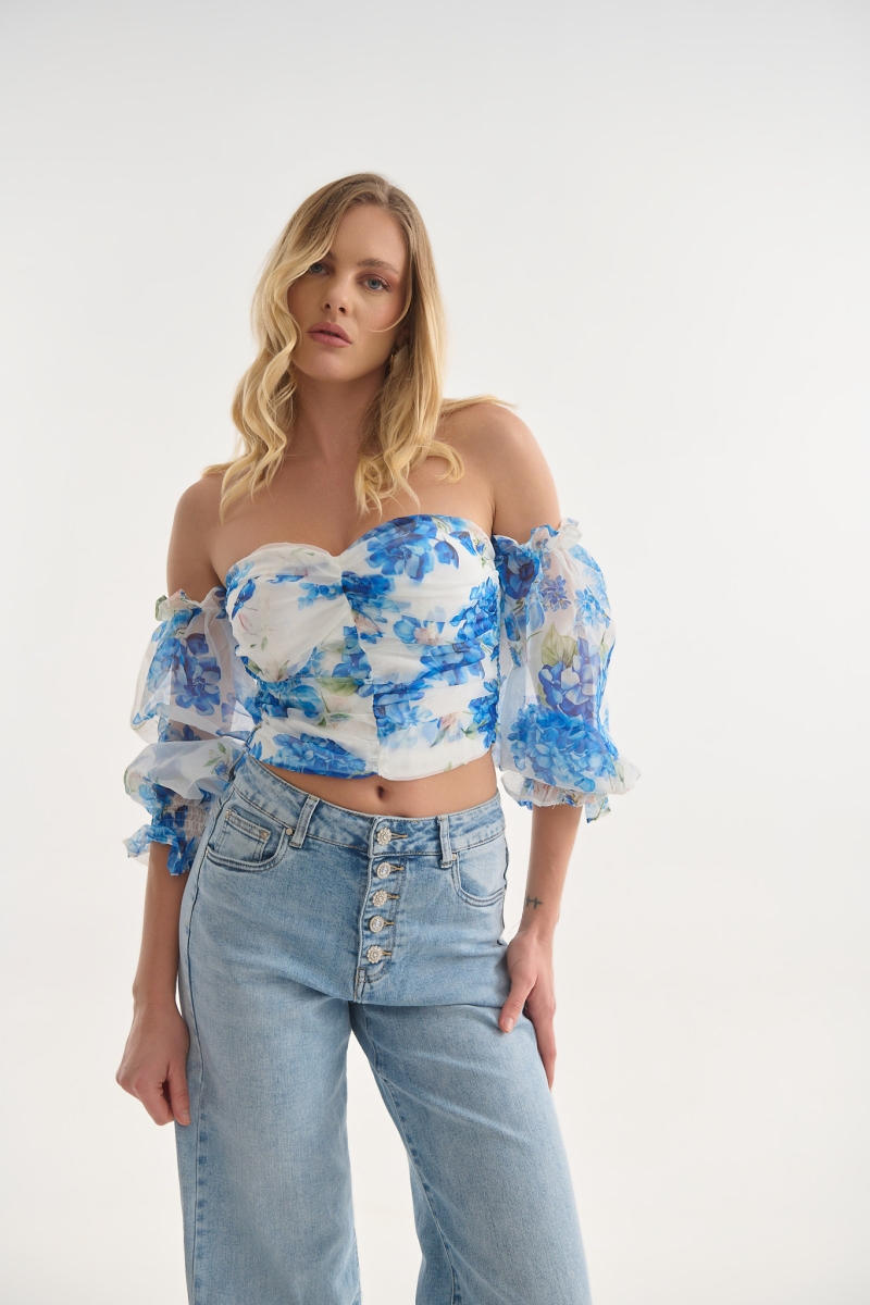 Crop Top Φλοράλ με Ώμους Έξω