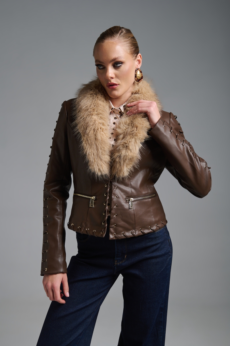 Δερμάτινο Γούνα Γιακά Κορσέ Μανίκι