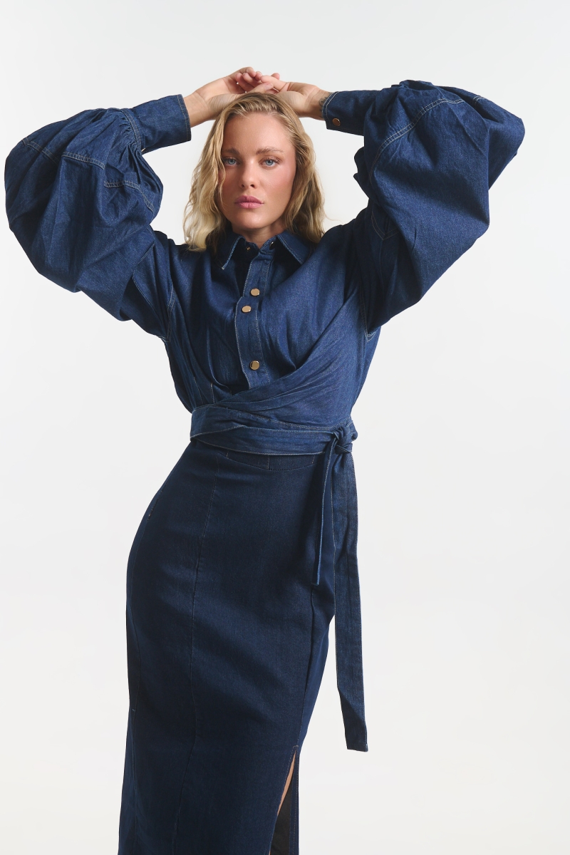 Cropped Denim Shirt with Balloon Sleeves & Tie Detail