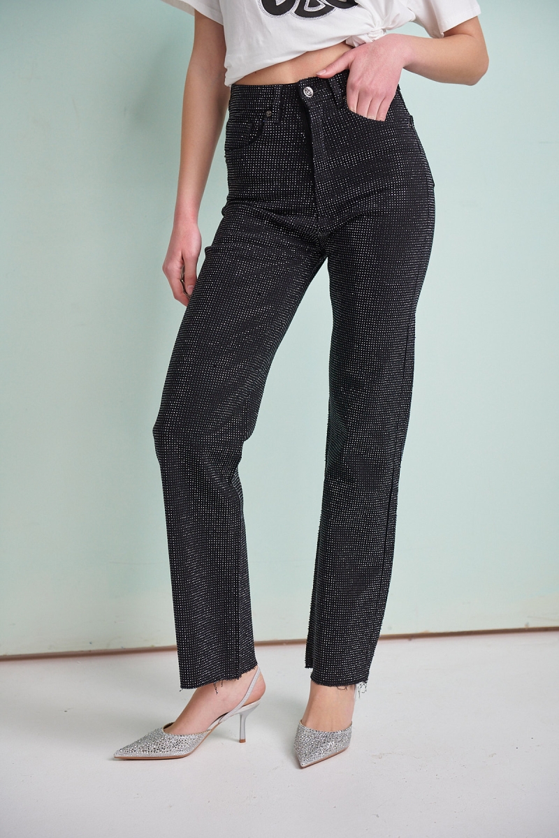 High Waisted Straight Jeans with Rhinestones