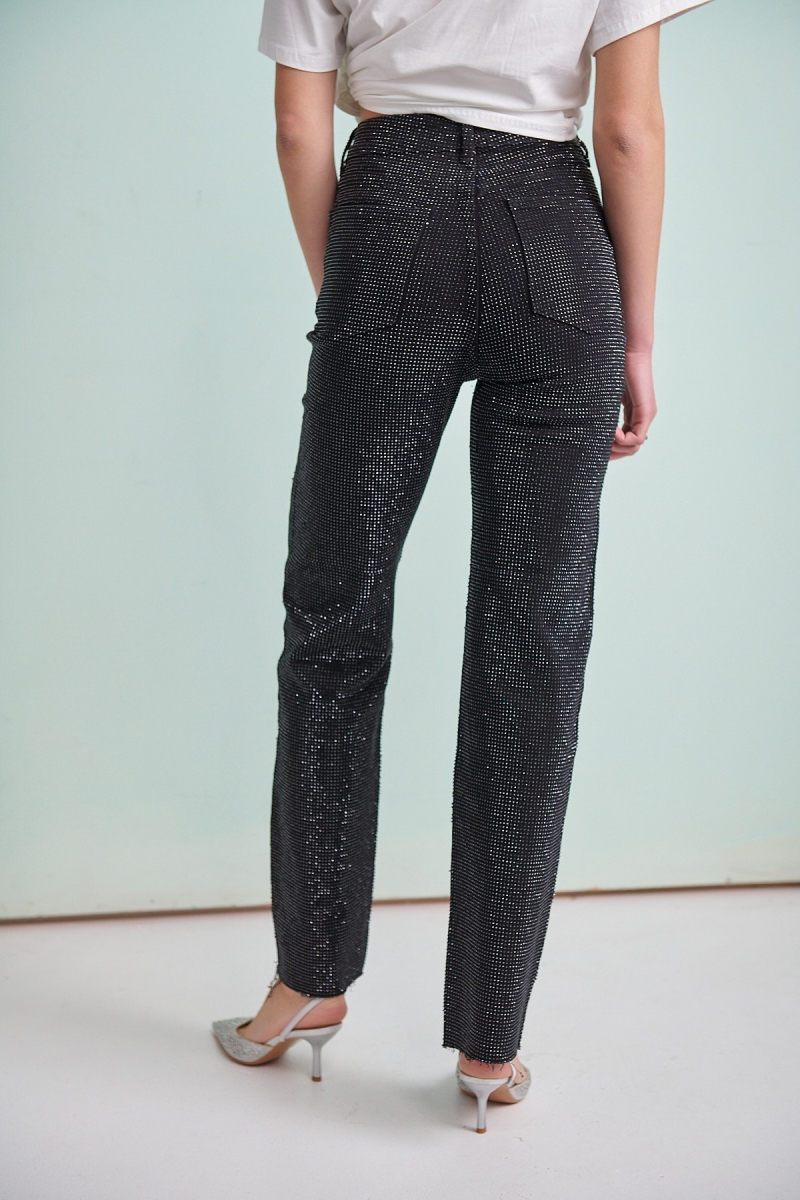 High Waisted Straight Jeans with Rhinestones