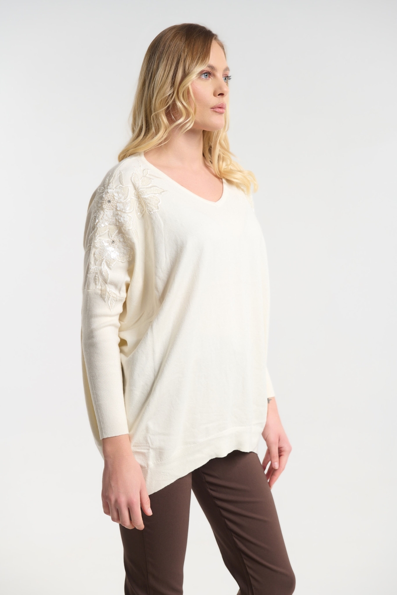 Μπλούζα Oversized με Κεντημένα Λουλούδια στον Ώμο