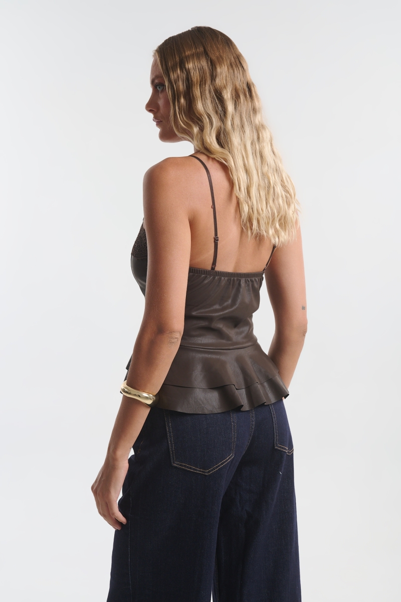 Faux Leather Bustier Top with Lace Trim & Peplum Hem