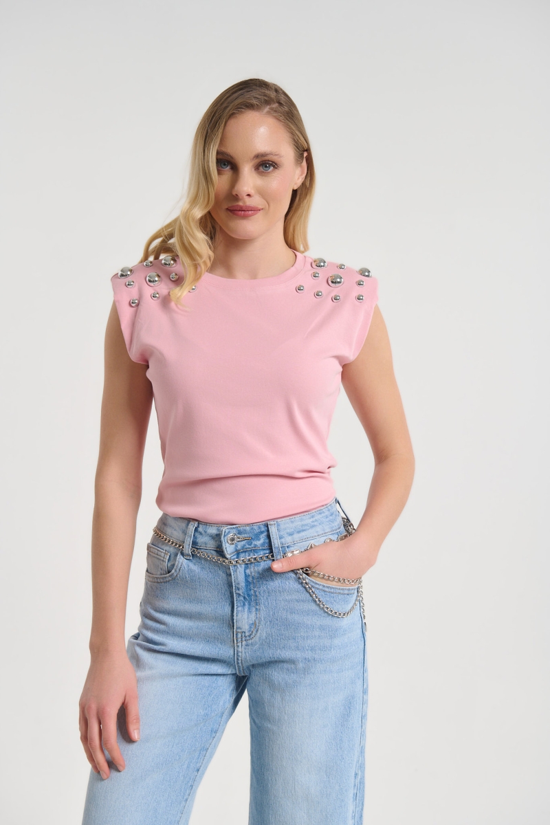 Top with Metallic Stud Shoulder Detail