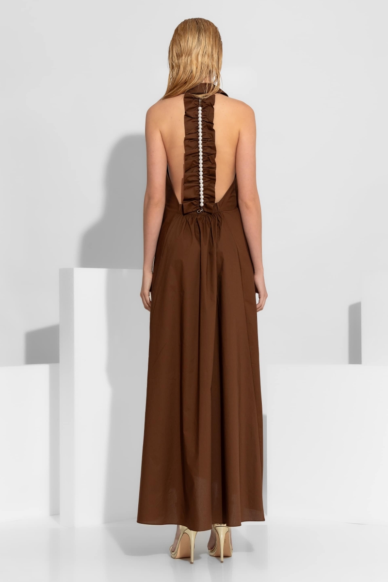 C-throu Long Dress with Collar & Pearl Back Detail