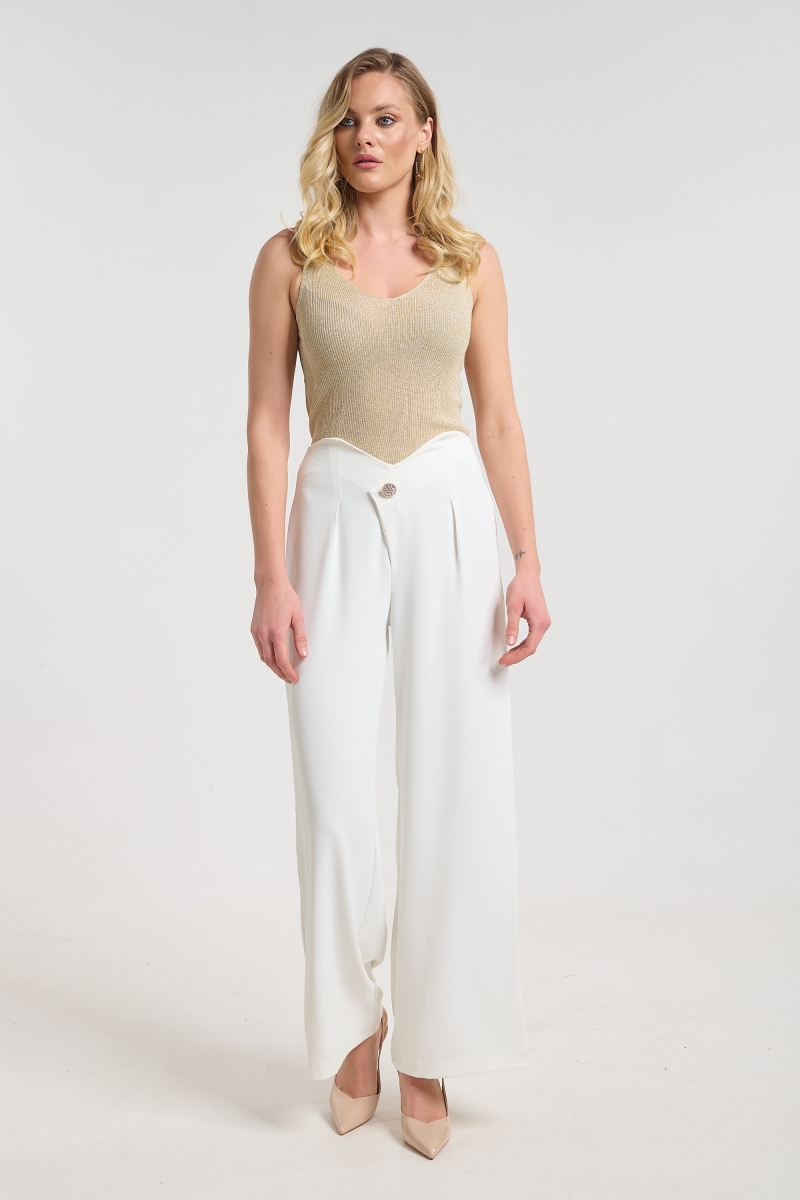 Kelly’s Elegant Pants with Rhinestone Button Detail