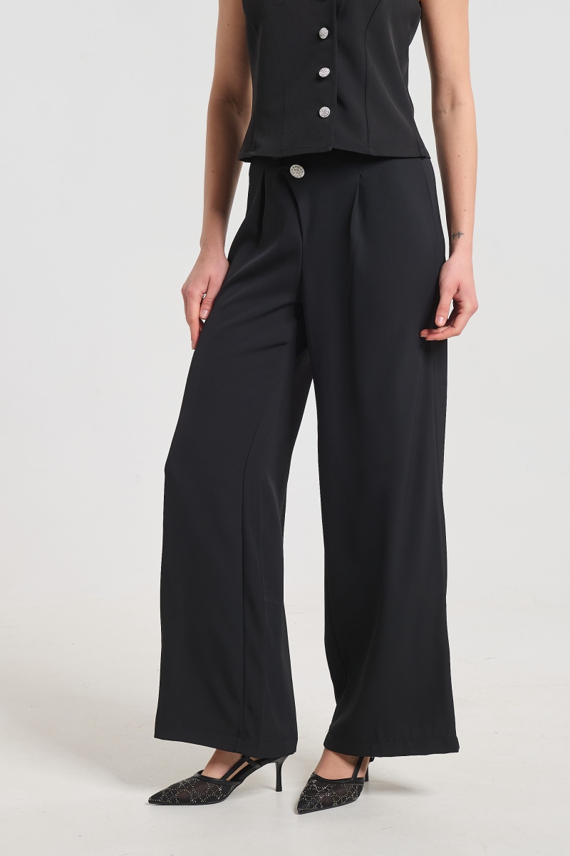 Kelly’s Elegant Pants with Rhinestone Button Detail