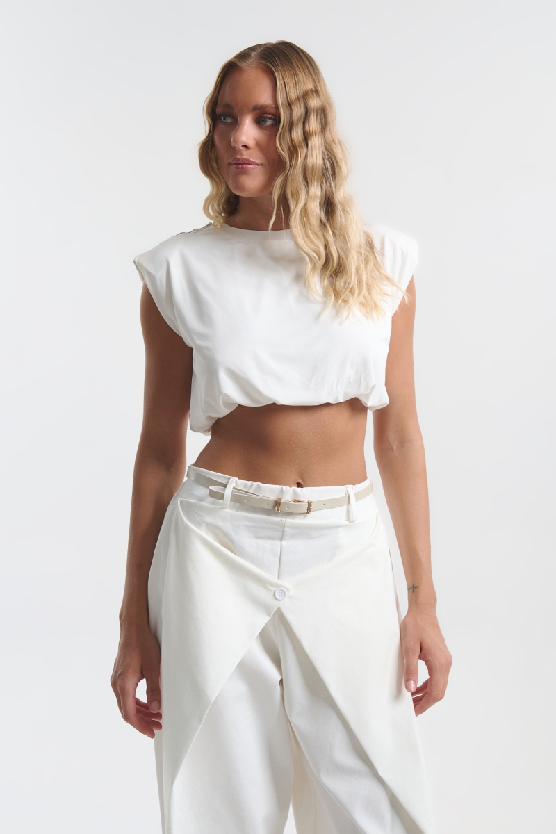 Kelly's Women’s Crop Top with Shoulder Pads & Rhinestones