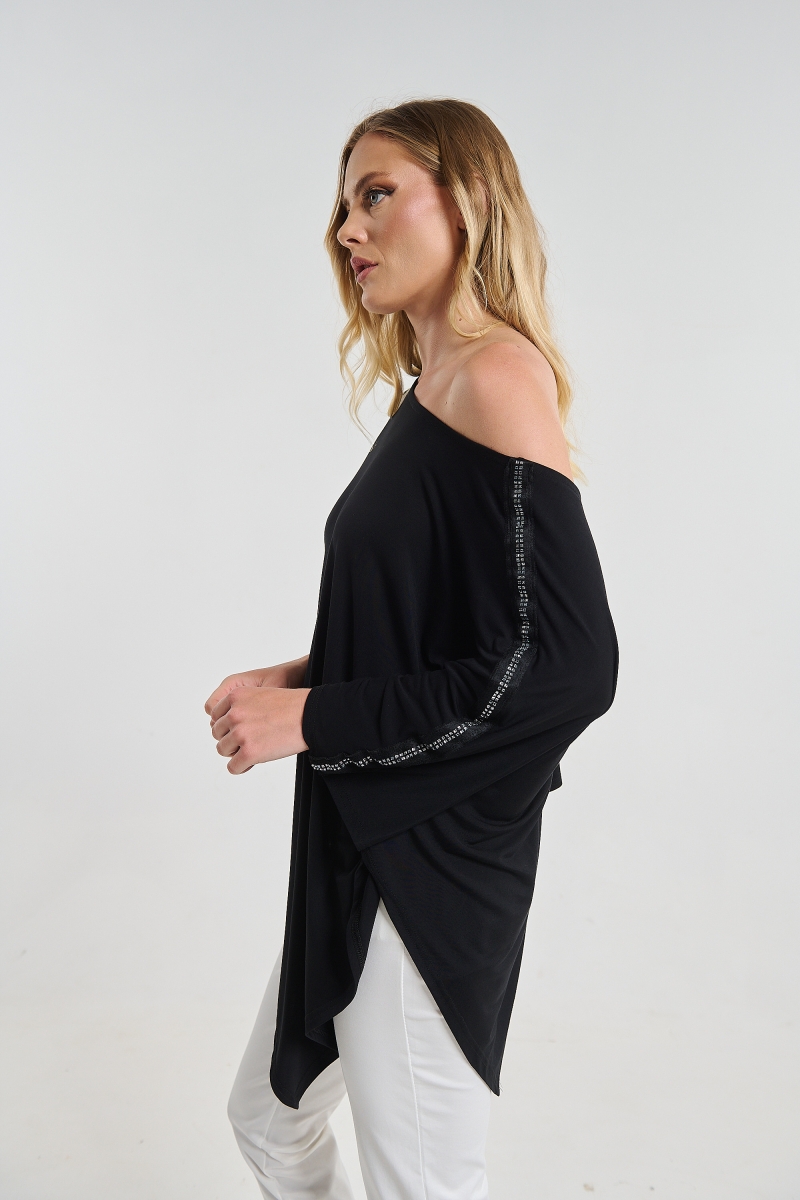 Kelly's Women’s Asymmetrical Kellys Top with Batwing Sleeves & Rhinestones