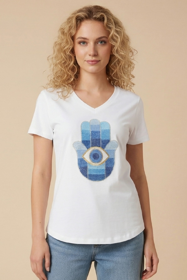DE JAVU Women White Hamsa T-Shirt