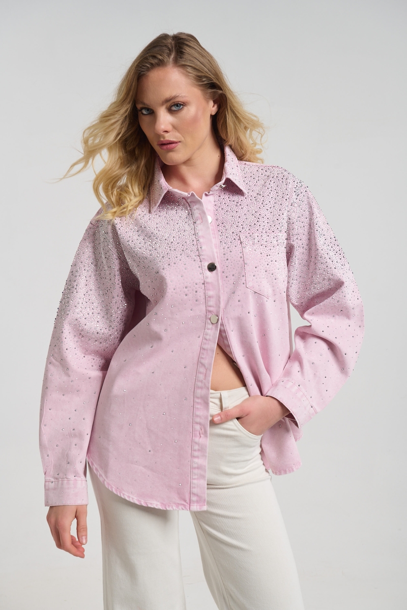Denim Button-Up Shirt with Rhinestone Detail