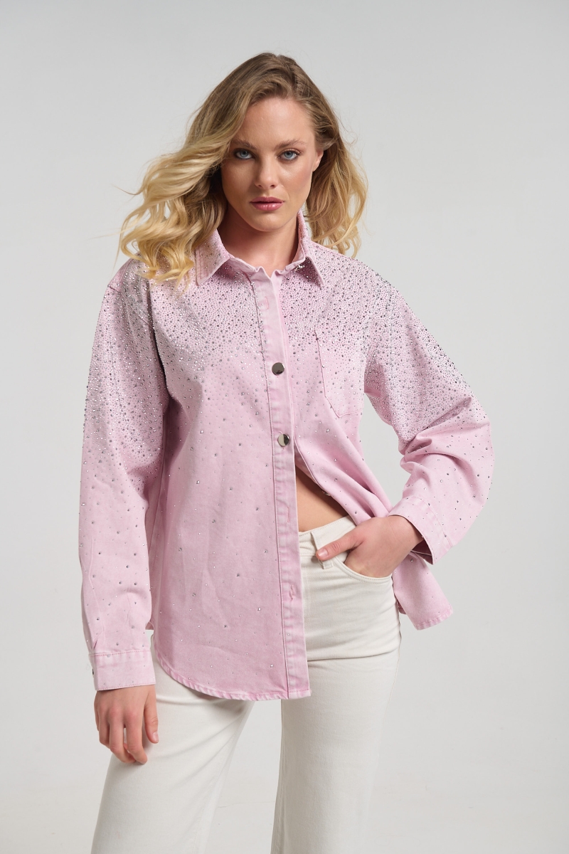 Denim Button-Up Shirt with Rhinestone Detail