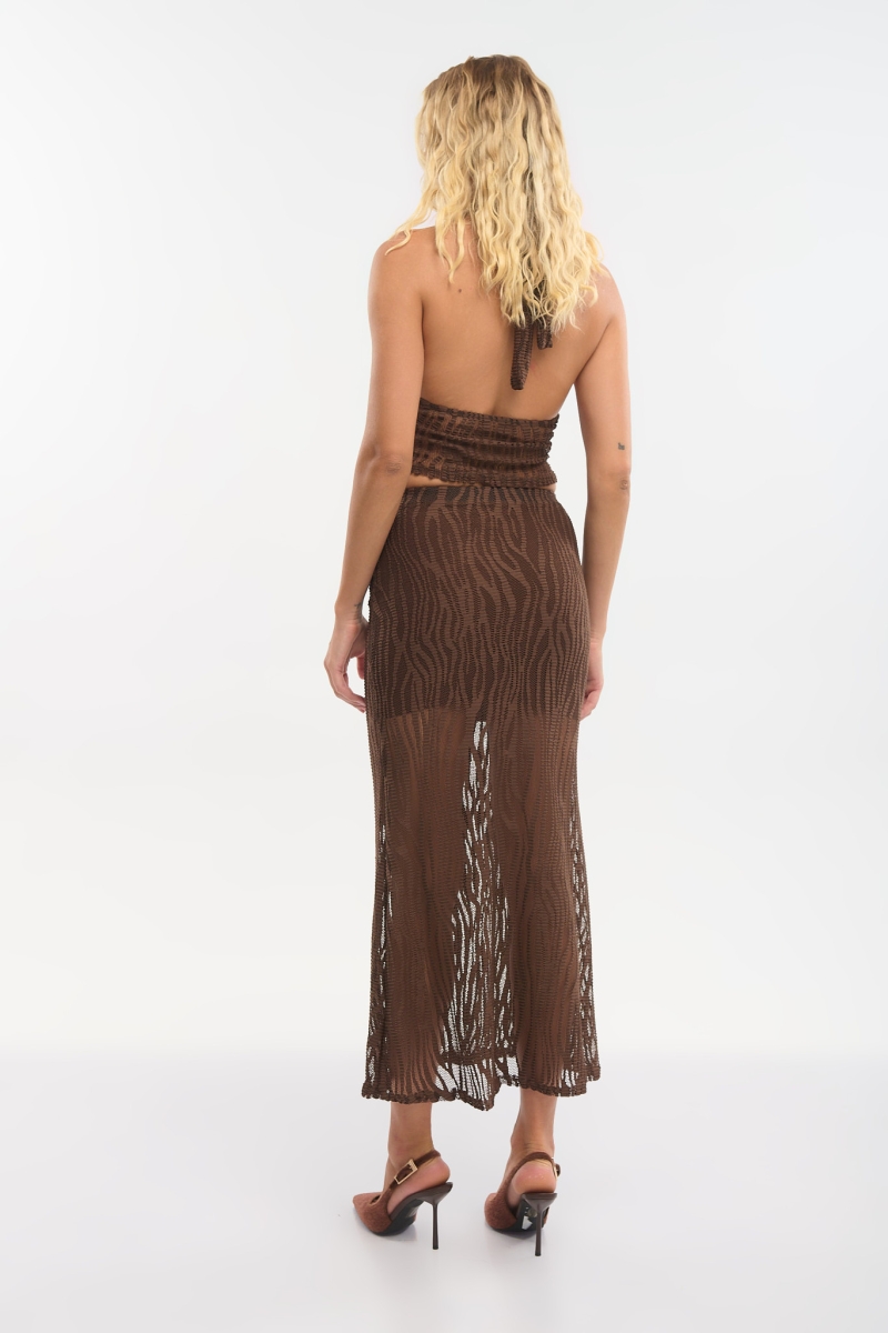 Σετ Τοπ με Δέσιμο στον Λαιμό & Φούστα Midi Δαντέλα