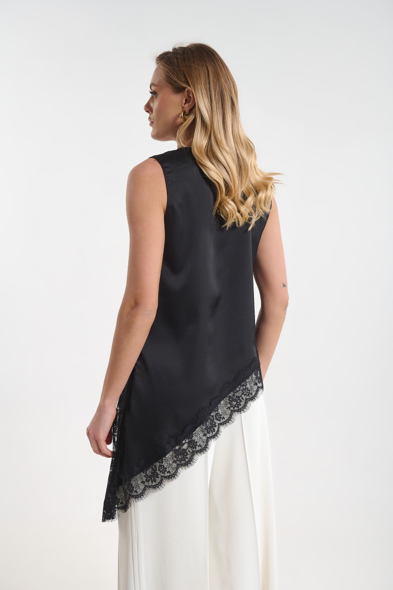 Sleeveless Satin Blouse with Buttons & Lace Detail for Women