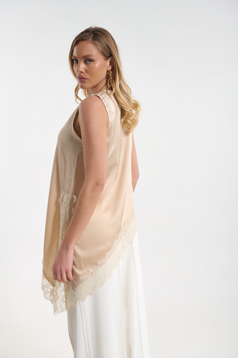 Sleeveless Satin Blouse with Buttons & Lace Detail for Women