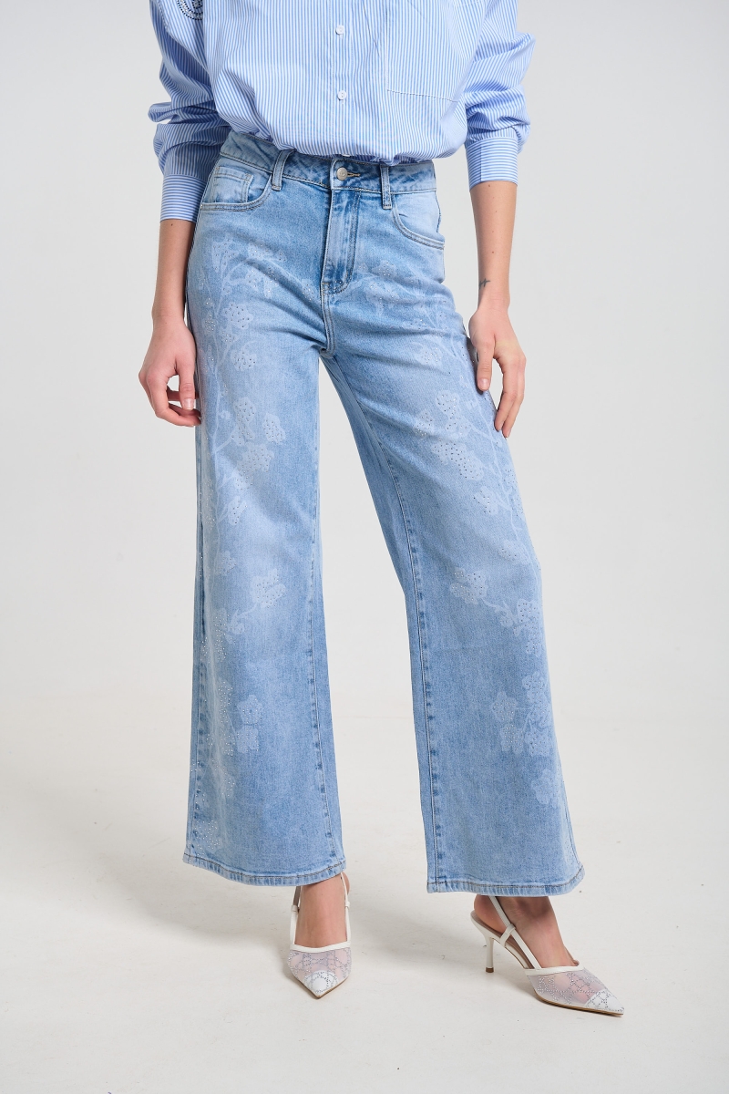 Flared Denim Jeans with Branch Print & Rhinestones